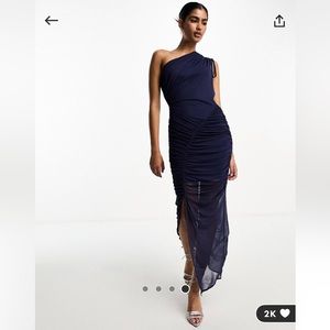 ASOS design one shoulder ruched midi dress in navy